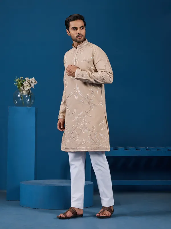 Beige_Silk_Blend_Embroidered_Kurta_Pajama_Set_For_Men