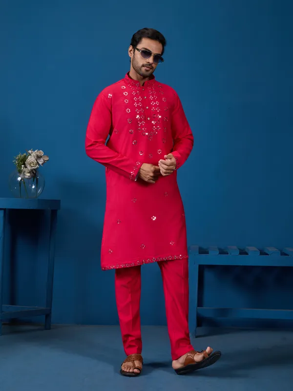 Fuschia_Pink_Blend_Mirror_Work_Embellished_Kurta_Pajama_Set_For_Men