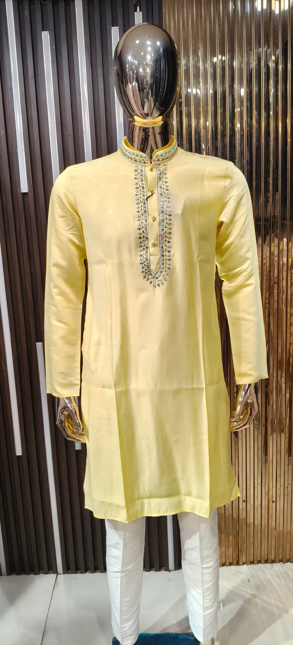 Mustard_Cotton_Silk_Embroidered_Mandarin_Collar_Kurta_Pyjama_For_Men