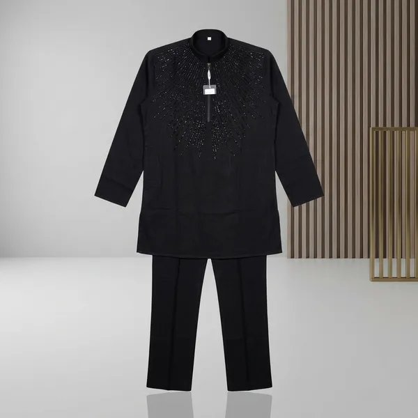 Black_Silk_Blend_Embellished_Kurta_Pajama_Set_For_Men