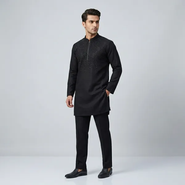 Black_Silk_Blend_Embellished_Kurta_Pajama_Set_For_Men