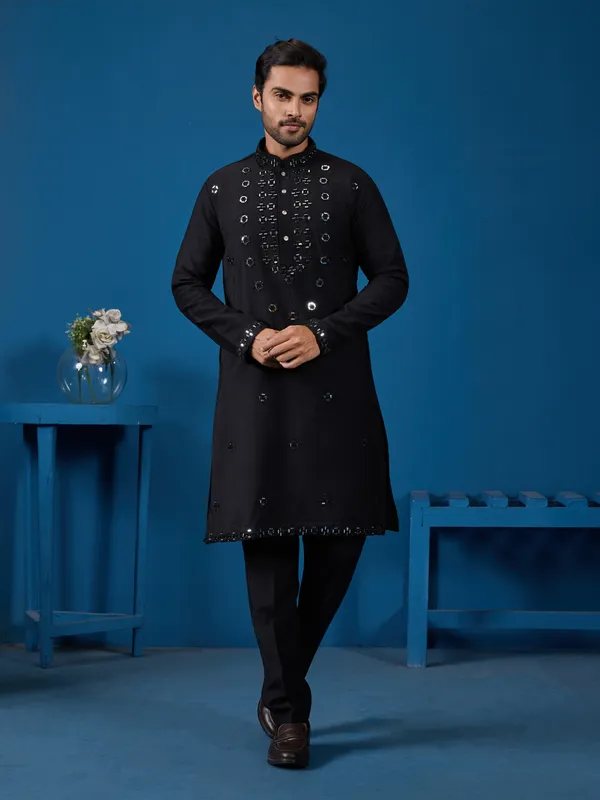 Black_Georgette_Silk_Mirror_Work_Embellished_Kurta_Set_For_Men