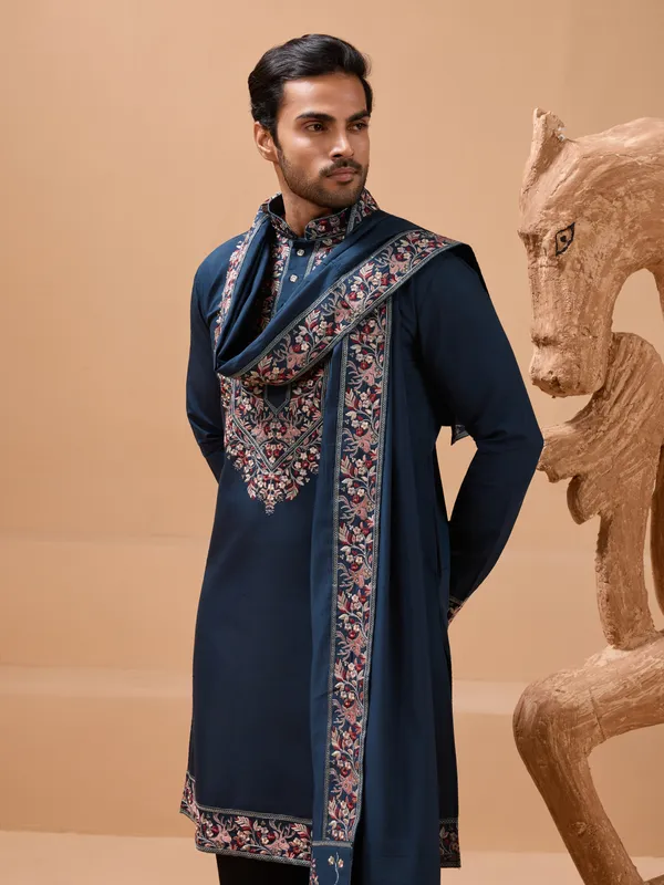 Teel_Blue_Silk_Blend_Floral_Embroidered_Sherwani_Set_For_Men