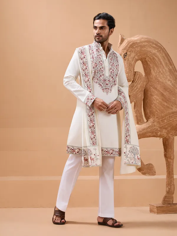 Ivory_Cotton_Silk_Embroidered_Kurta_Set_With_Dupatta_For_Men