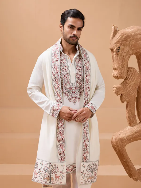 Ivory_Cotton_Silk_Embroidered_Kurta_Set_With_Dupatta_For_Men