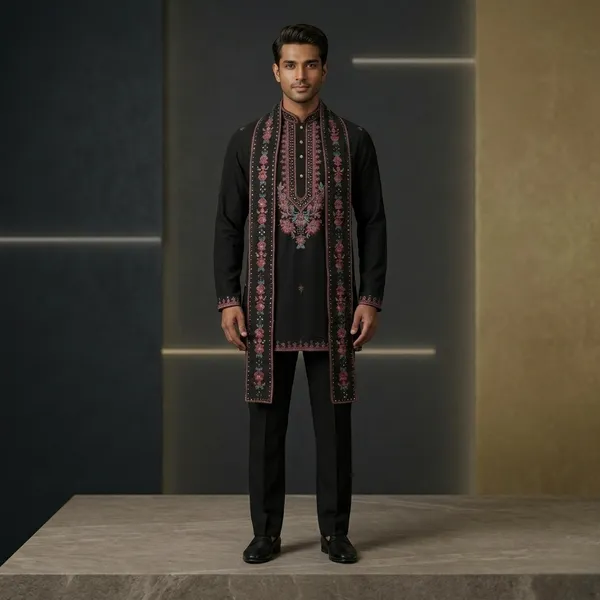 Black_Jacquard_Silk_Embroidered_Kurta_Set_With_Dupatta_For_Men