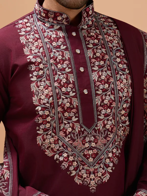 Maroon_Art_Silk_Embroidered_Kurta_Set_With_Stole_For_Men