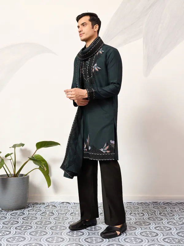 Bottle_Green_Jacquard_Silk_Embroidered_Kurta_Set_For_Men