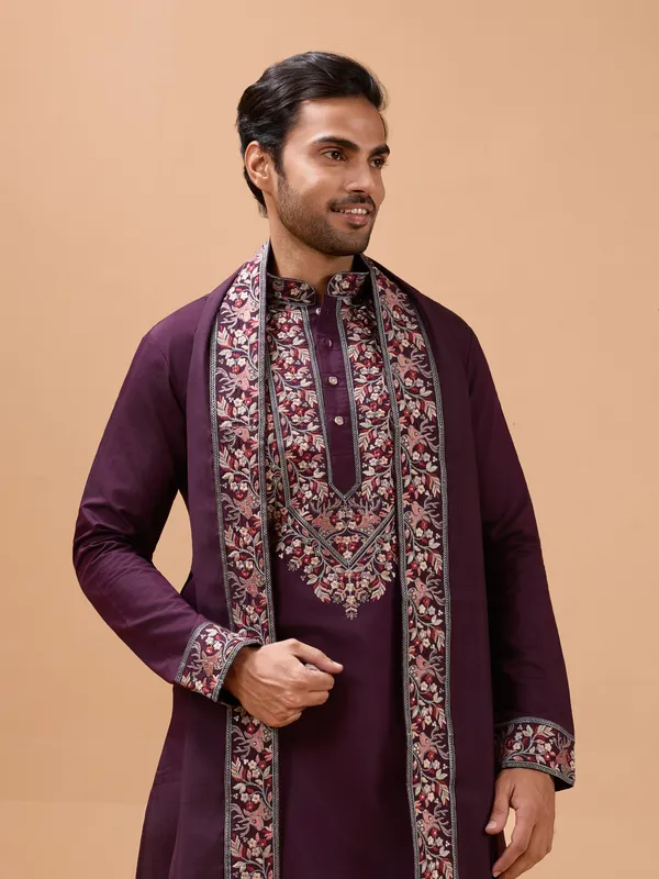 Purple_Silk_Blend_Embroidered_Sherwani_Set_With_Stole_For_Men