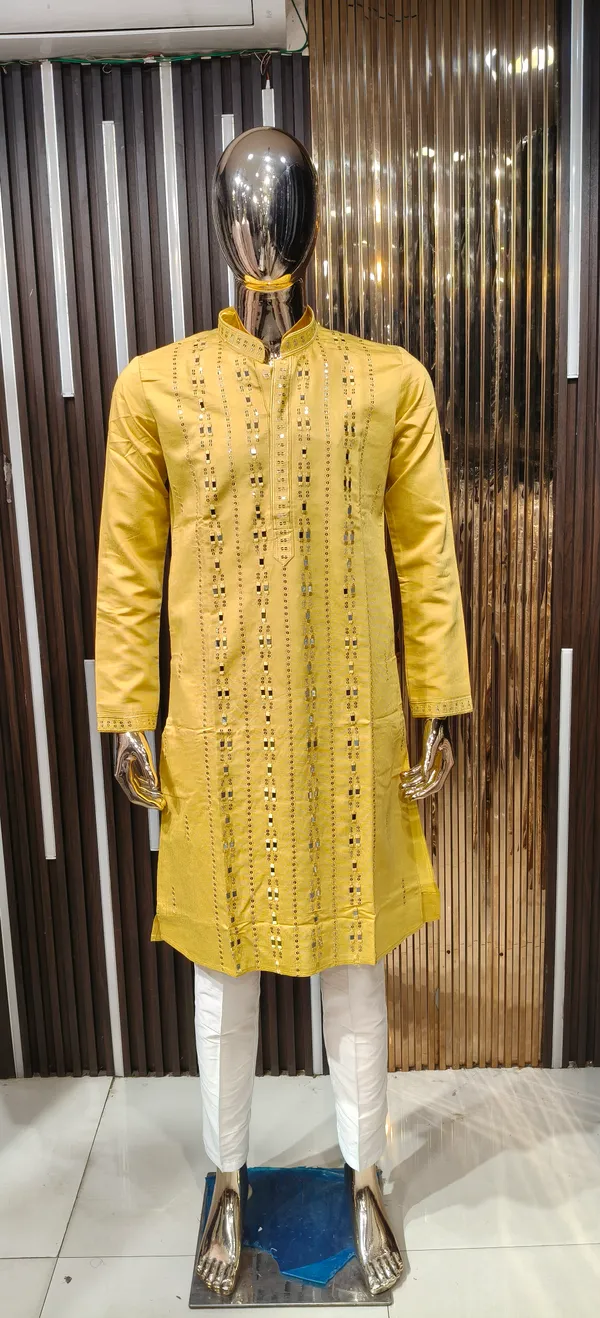 Yellow_Cotton_Silk_Embellished_Kurta_Pajama_Set_For_Men