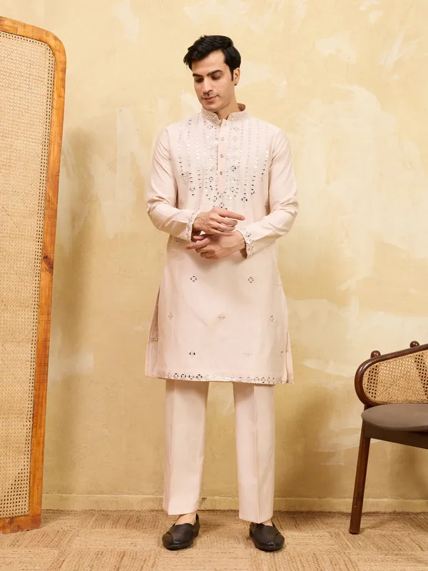 Beige_Cotton_Silk_Embellished_Kurta_Pajama_Set_For_Men