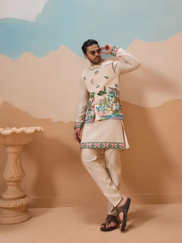 Peach_Cotton_Silk_Embroidered_Kurta_Nehru_Jacket_Set_For_Men