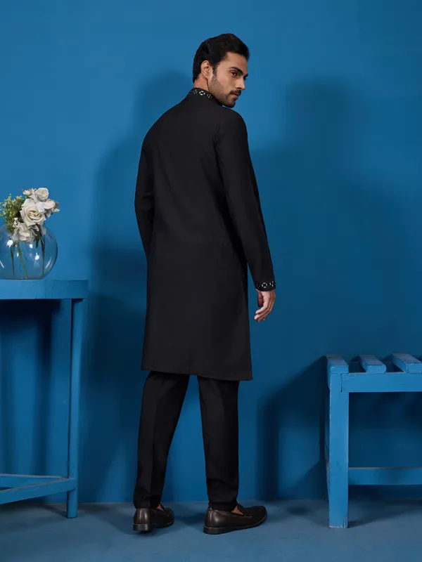 Black_Georgette_Silk_Mirror_Work_Embellished_Kurta_Set_For_Men