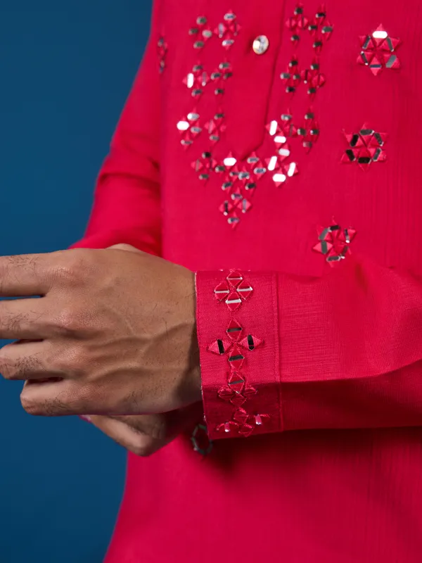 Fuschia_Pink_Blend_Mirror_Work_Embellished_Kurta_Pajama_Set_For_Men