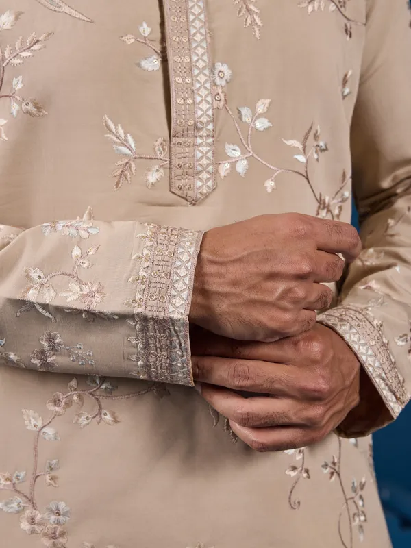 Beige_Silk_Blend_Embroidered_Kurta_Pajama_Set_For_Men