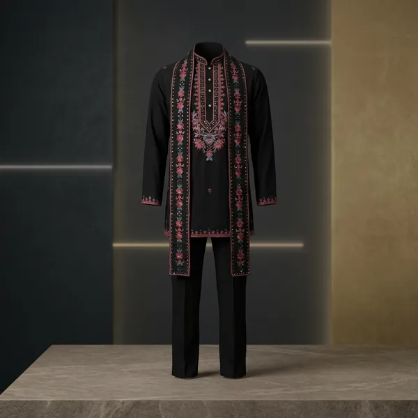 Black_Jacquard_Silk_Embroidered_Kurta_Set_With_Dupatta_For_Men
