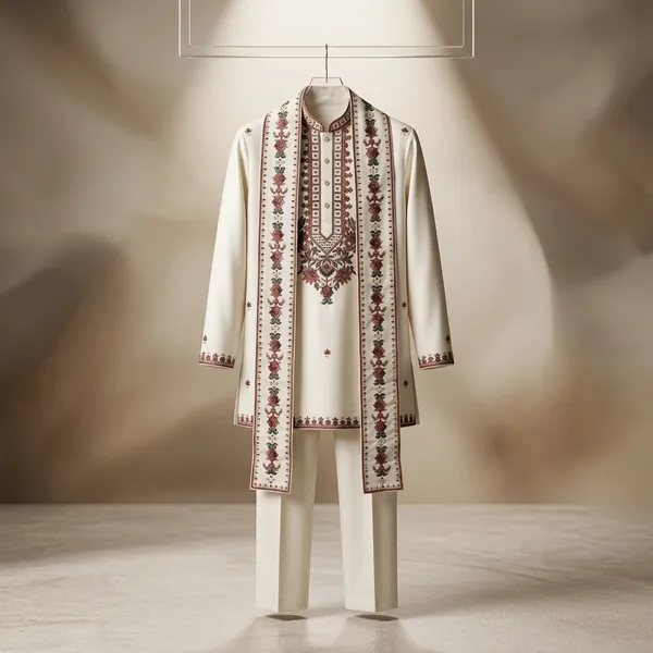 Ivory_Art_Silk_Floral_Embroidered_Kurta_Set_With_Dupatta_For_Men