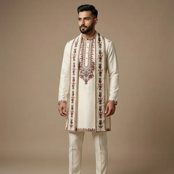 Ivory_Art_Silk_Floral_Embroidered_Kurta_Set_With_Dupatta_For_Men