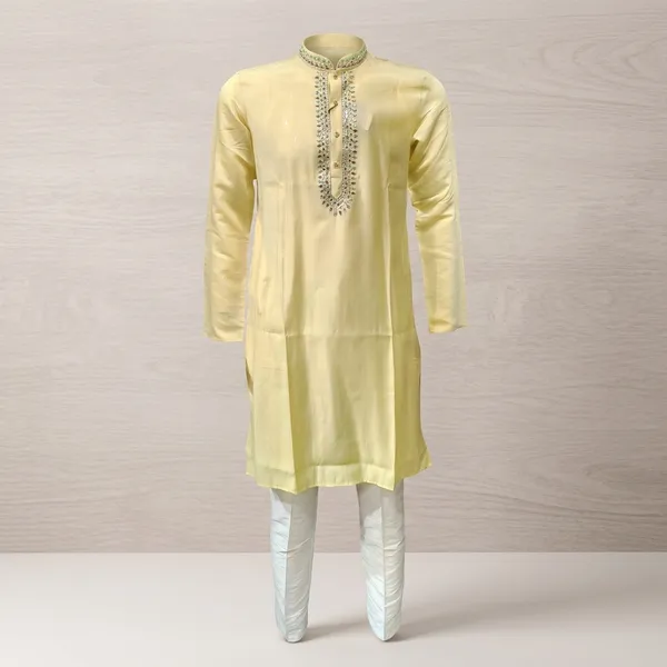 Mustard_Cotton_Silk_Embroidered_Mandarin_Collar_Kurta_Pyjama_For_Men