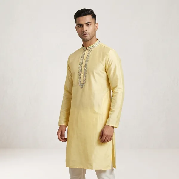 Mustard_Cotton_Silk_Embroidered_Mandarin_Collar_Kurta_Pyjama_For_Men