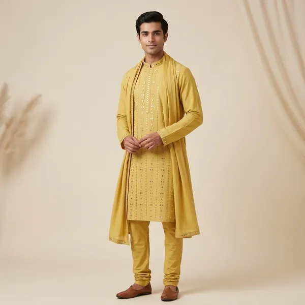 Yellow_Cotton_Silk_Embellished_Kurta_Pajama_Set_For_Men