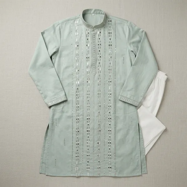 Mint_Green_Georgette_Silk_Mirror_Work_Kurta_Pajama_Set_For_Men
