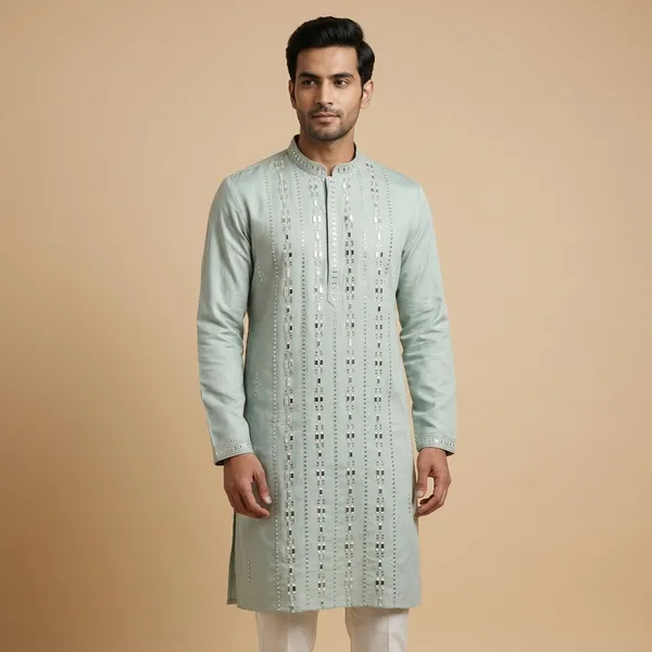 Mint_Green_Georgette_Silk_Mirror_Work_Kurta_Pajama_Set_For_Men