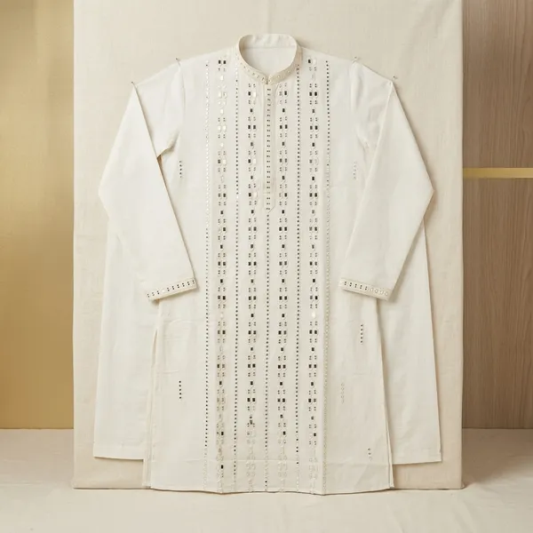 Beige_Silk_Blend_Mirror_Work_Embellished_Kurta_Pajama_Set_For_Men