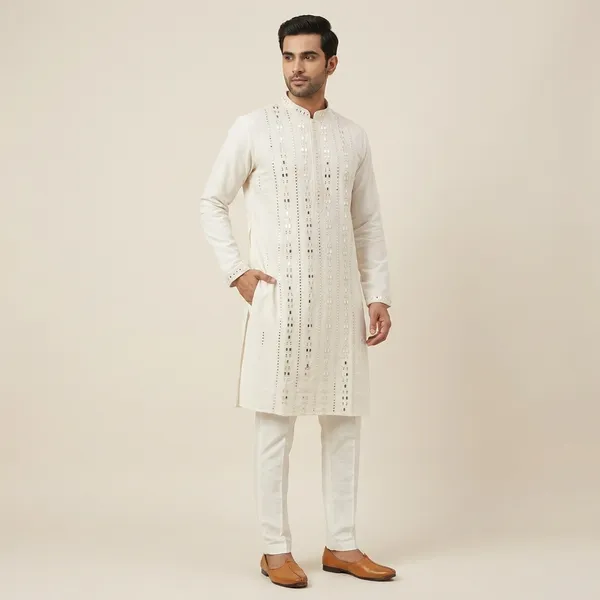 Beige_Silk_Blend_Mirror_Work_Embellished_Kurta_Pajama_Set_For_Men