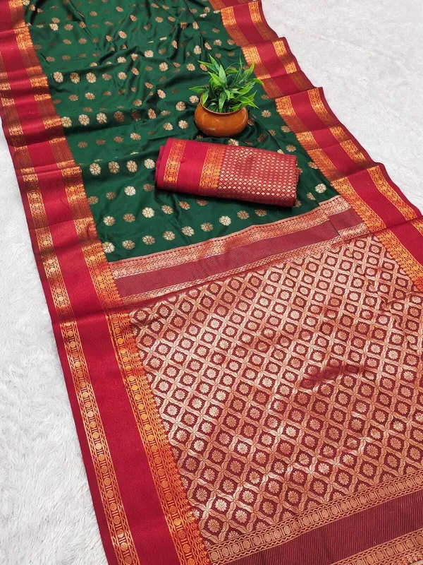 Woven_Kanjivaram_Semi-Pashmina_Art_Silk_Saree_Dark_Green_Red