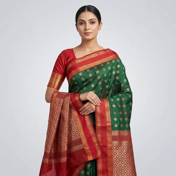 Woven_Kanjivaram_Semi-Pashmina_Art_Silk_Saree_Dark_Green_Red