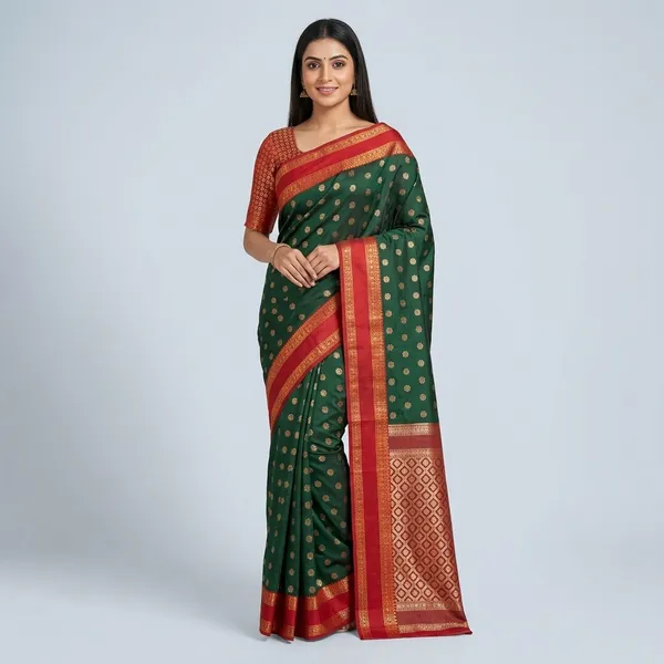 Woven_Kanjivaram_Semi-Pashmina_Art_Silk_Saree_Dark_Green_Red