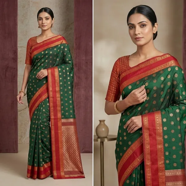 Woven_Kanjivaram_Semi-Pashmina_Art_Silk_Saree_Dark_Green_Red