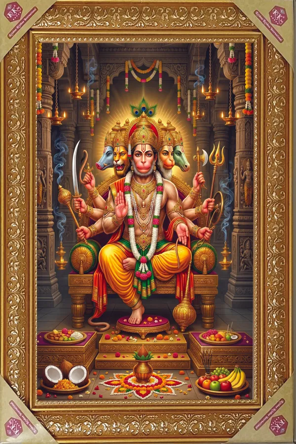 Premium_Panchmukhi_Hanuman_Ji_Divine_Protection_Golden_Framed_Portrait