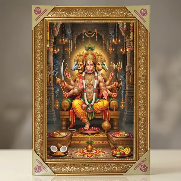 Premium_Panchmukhi_Hanuman_Ji_Divine_Protection_Golden_Framed_Portrait