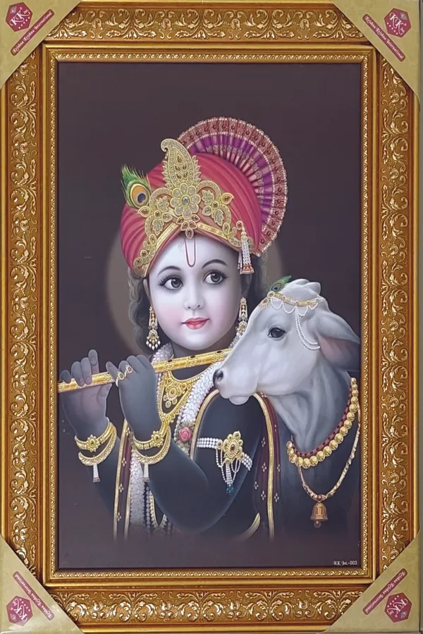 Premium_Bal_Krishna_with_Holy_Cow_Divine_Flute_Player_Golden_Framed_Portrait