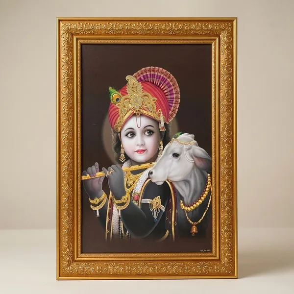 Premium_Bal_Krishna_with_Holy_Cow_Divine_Flute_Player_Golden_Framed_Portrait