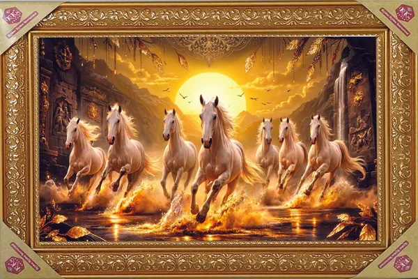 Premium_7_Running_Golden_Horses_Luxury_Vastu_Golden_Framed_Portrait