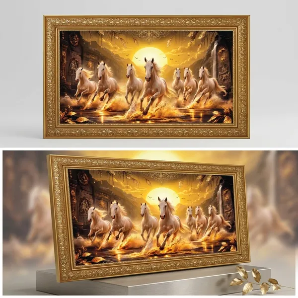 Premium_7_Running_Golden_Horses_Luxury_Vastu_Golden_Framed_Portrait