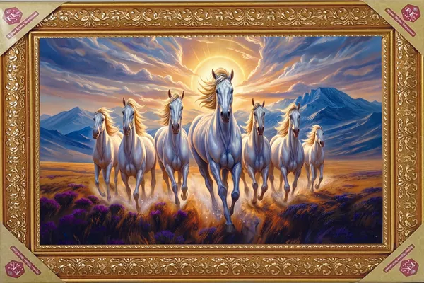 Premium_7_Running_White_Horses_Royal_Blue_Mountain_Vastu_Golden_Framed_Portrait