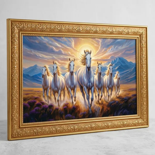 Premium_7_Running_White_Horses_Royal_Blue_Mountain_Vastu_Golden_Framed_Portrait