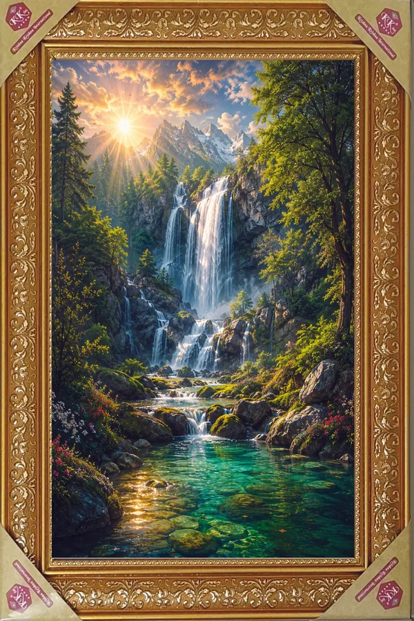 Premium_Vastu_Divine_Waterfall_&_Rising_Sun_Nature_Golden_Framed_Portrait