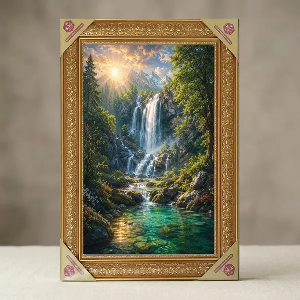 Premium_Vastu_Divine_Waterfall_&_Rising_Sun_Nature_Golden_Framed_Portrait