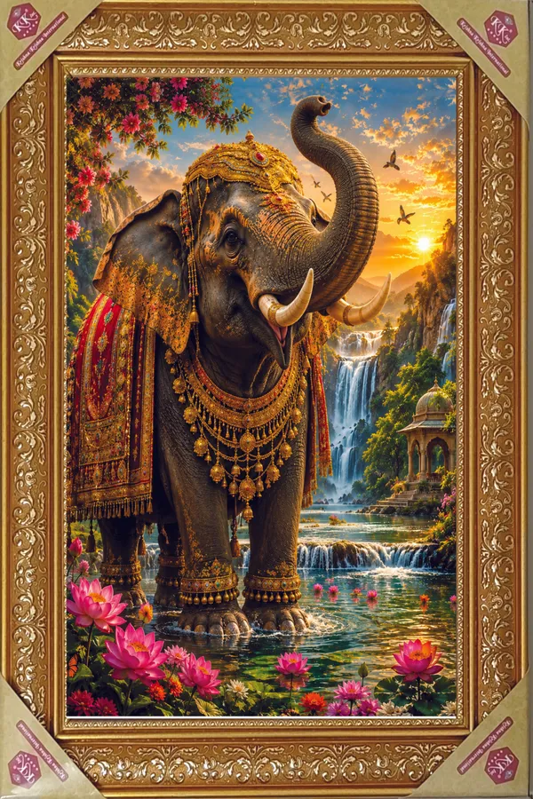 Premium_Royal_Gajraj_(Elephant_with_Raised_Trunk)_Vastu_Abundance_Golden_Framed_Portrait