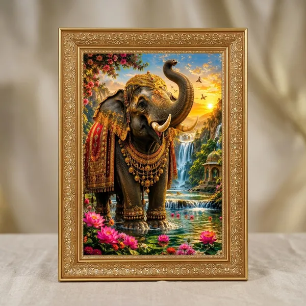 Premium_Royal_Gajraj_(Elephant_with_Raised_Trunk)_Vastu_Abundance_Golden_Framed_Portrait