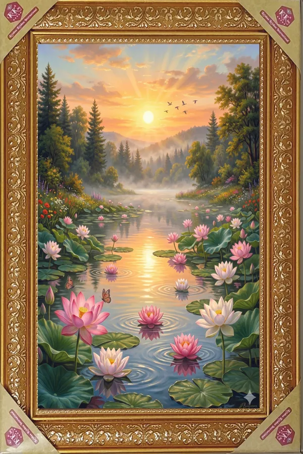 Premium_Divine_Lotus_Pond_&_Rising_Sun_Nature_Golden_Framed_Portrait