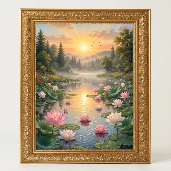 Premium_Divine_Lotus_Pond_&_Rising_Sun_Nature_Golden_Framed_Portrait