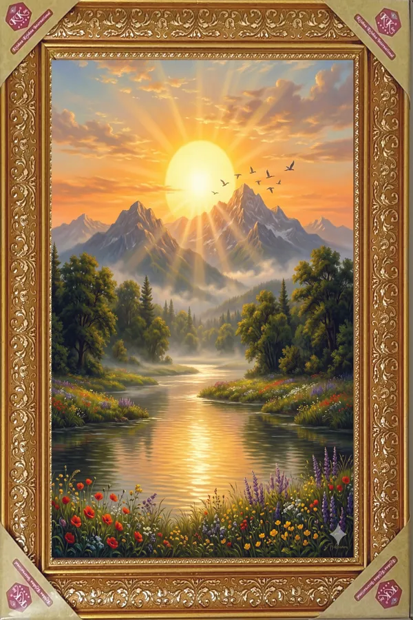 Premium_Rising_Sun_&_Divine_Mountain_Range_Nature_Golden_Framed_Portrait
