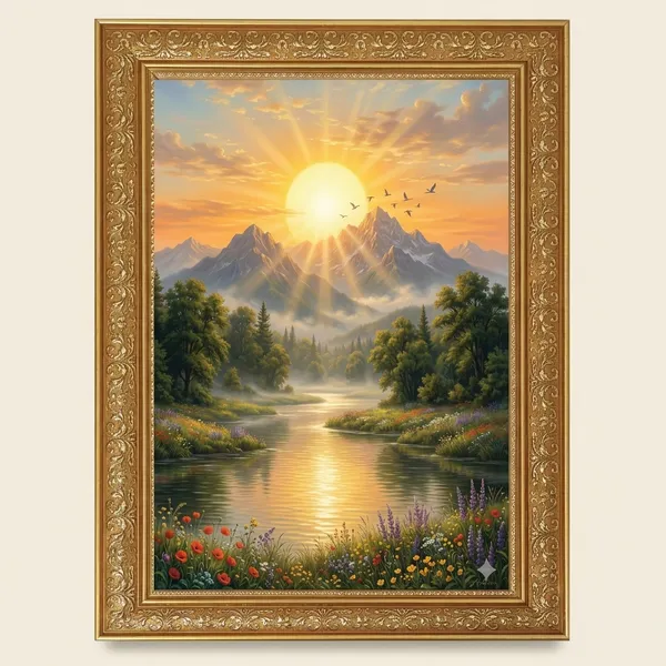 Premium_Rising_Sun_&_Divine_Mountain_Range_Nature_Golden_Framed_Portrait