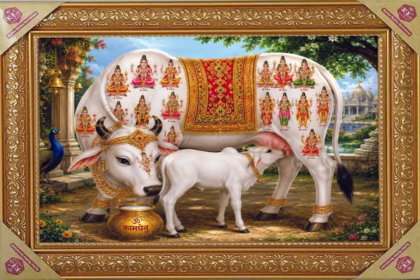 Premium_Divine_Kamdhenu_Cow_with_Calf_Wish-Fulfilling_Golden_Framed_Portrait